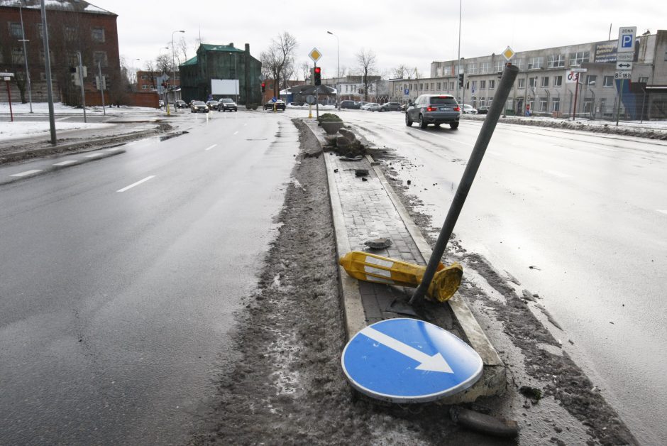 Po girtų vairuotojų „ralio“ liko suniokoti gėlių vazonai ir kelio ženklai