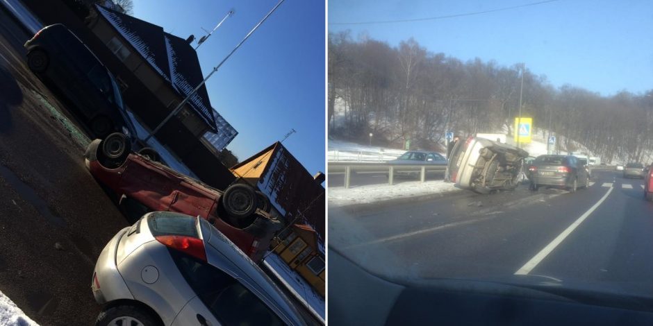 Avarijos Kaune: mašinos virto ir ant šono, ir ant stogo