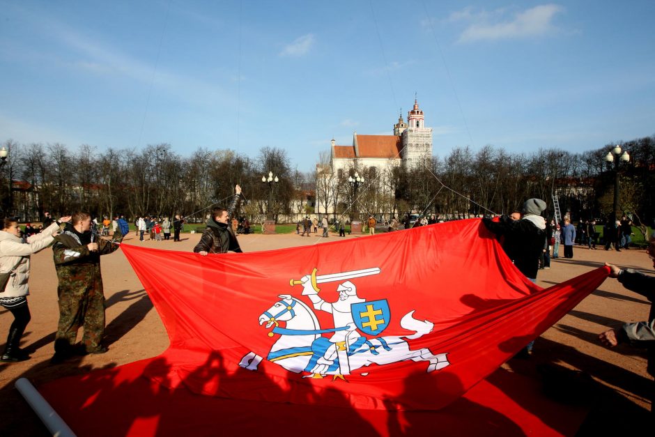 Lukiškių aikštėje pakilo didžiulė Vyčio vėliava