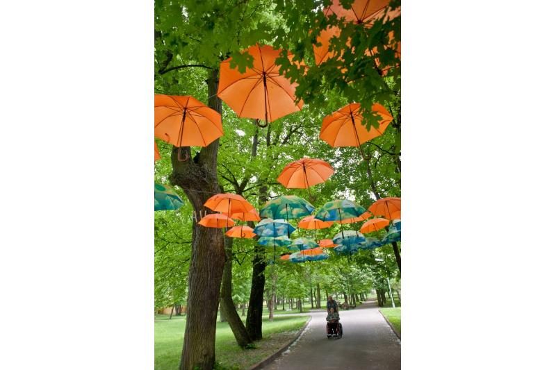 Šv. Roko ligoninės alėja papuošta spalvingų skėčių girlianda 