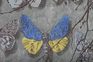 Šiaulių dramos teatro drugelių siena nusidažė Ukrainos vėliavos spalvomis