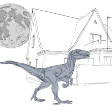 Potekstė: menininkas, vaizduodamas dinozaurą, sako, kad čia jo darbo pradžia, kad ciklą dar tęs