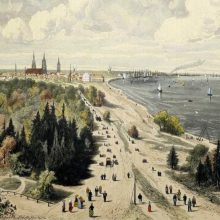 Istorija: pieštas atvirukas su istoriniu Mėmelio miesto vaizdu 1880 m.