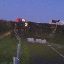 Avarija Šiaulių rajone: dėl slidžios kelio dangos sunkvežimis rėžėsi į atitvarus