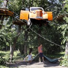 Įtarimai: žalieji baiminasi, kad ne pirmus metus medžiuose pakibusi mašina kelia pavojų lankytojams.