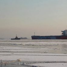 Situacija: užšalęs Rygos uostas, kur laivai lydimi su vilkikais ir ledlaužiais.