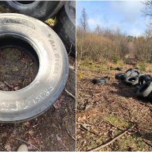 Į Kauno rajono mišką kažkas atvežė didelį kiekį sunkvežimių padangų: bando rasti gamtos teršėjus