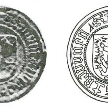 Kauno miesto herbinis antspaudas, naudotas įvairiais laikotarpiais – <span style=color:red;>(iš kairės)</span> 1471–1488 m., 1493–1533 m., 1540–1548 m.