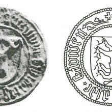 Kauno miesto herbinis antspaudas, naudotas įvairiais laikotarpiais – <span style=color:red;>(iš kairės)</span> 1471–1488 m., 1493–1533 m., 1540–1548 m.