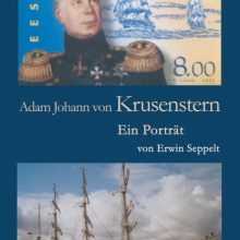 Prisiminimas: Vokietijoje išleista knyga apie A.J. Kruzensterną su estišku pašto ženklu ir laivu „Kruzenštern“ viršelyje.