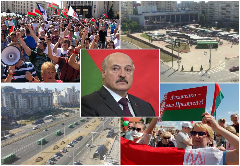 Protestai tęsiasi: į A. Lukašenkos palaikymo mitingą žmonės vežami autobusais