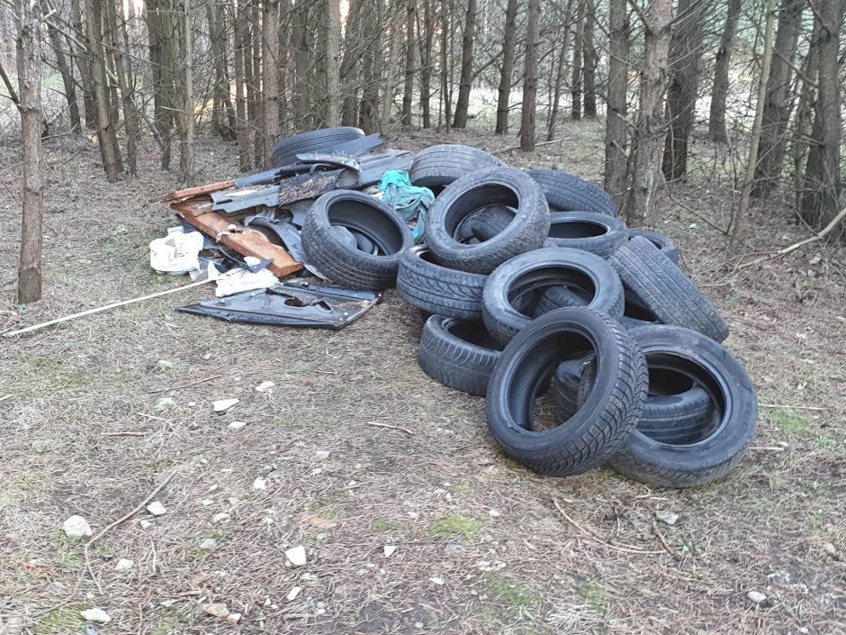 Kairių miške – sąvartynas: teršėjai krauna padangų bokštus, palieka šiukšles