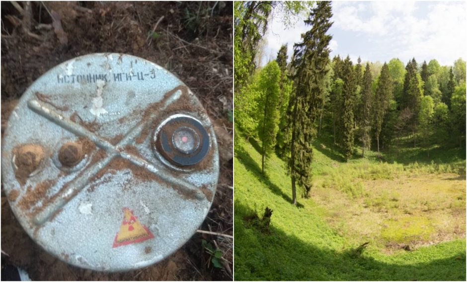 Neįprastas radinys miške: metalinis konteineris su rusišku užrašu „radiacija“