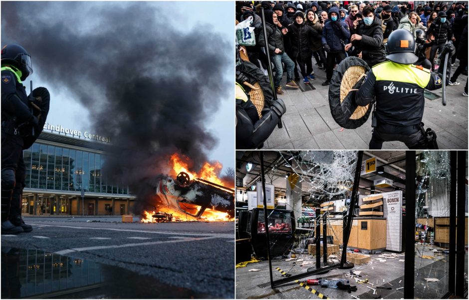 Įtampa Nyderlanduose: protestai prieš komendanto valandą peraugo į susirėmimus su policija