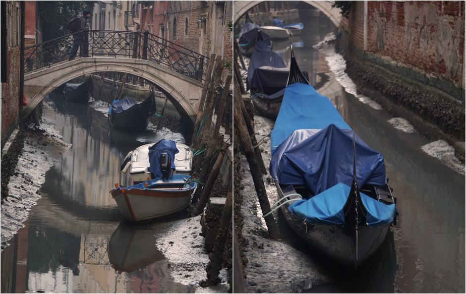 Venecijoje vieną kraštutinumą pakeitė kitas: dėl sausros kanaluose įstrigo gondolos