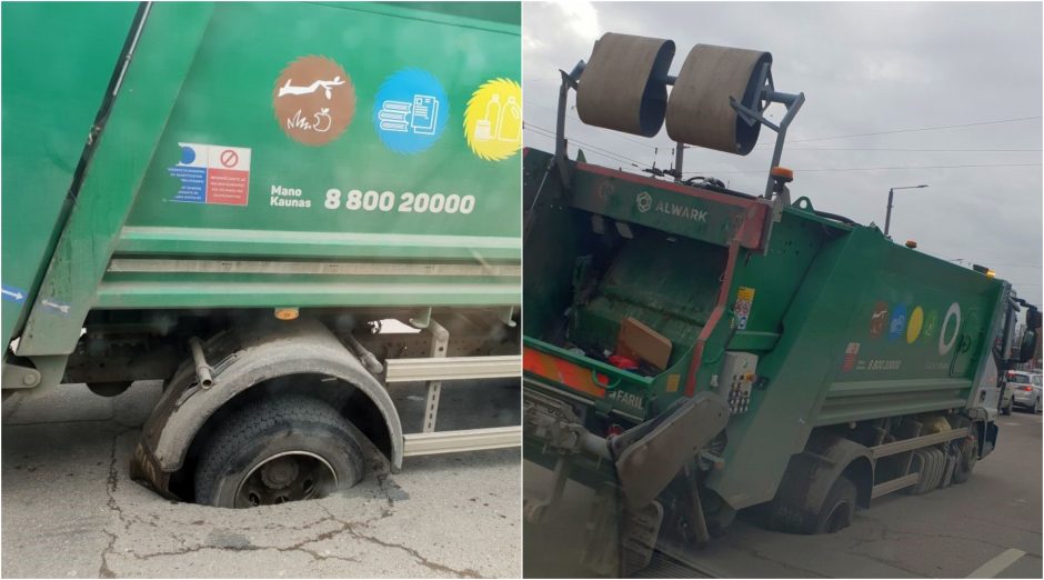 Nekasdienis vaizdas: „Kauno švaros“ sunkvežimio ratas įstrigo duobėje