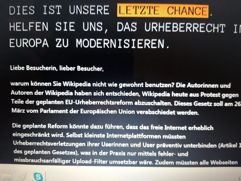 „Wikipedia“ vokiška versija išjungta protestuojant prieš ES autorių teisių planą