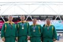 Triumfas: prie Londono olimpinio stadiono (iš kairės) – treneris R.Plungė, M.Bilius, D.Dundzys ir treneris J.Baltrušaitis.