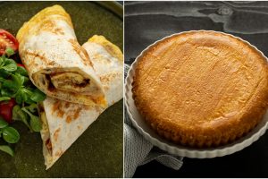 Savaitgalio pusryčiams – omletas su pievagrybiais tortilijoje ir trapus varškės pyragas