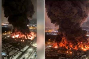 Milžiniškas gaisras Maskvoje nuniokojo prekybos centrą, žuvo žmogus (vaizdo įrašai)